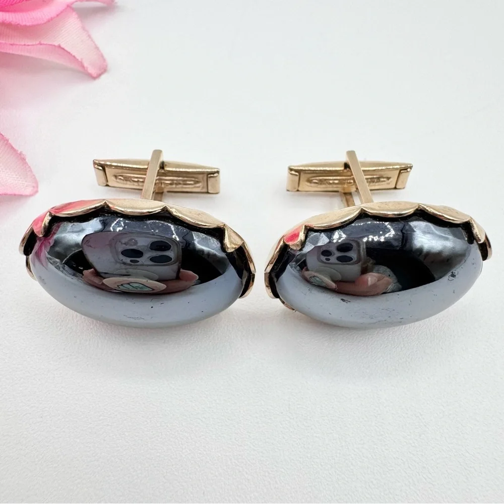 Vintage Hematite-Style Oval Cabochon Scalloped Bezel Men’s Cufflinks Oversized
